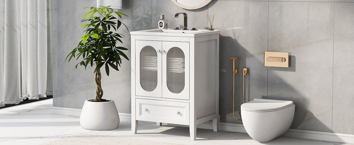 24 Inch Bathroom Vanity with Sink and Fluted Glass Doors