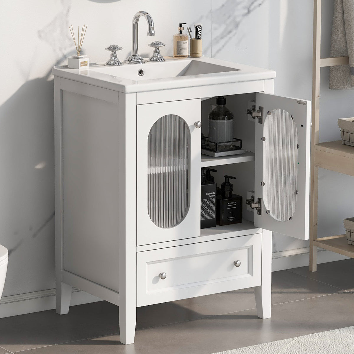 24 Inch Bathroom Vanity with Sink and Fluted Glass Doors