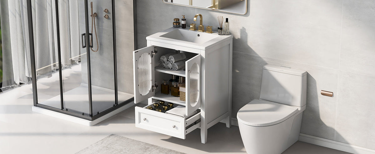 24 Inch Bathroom Vanity with Sink and Fluted Glass Doors