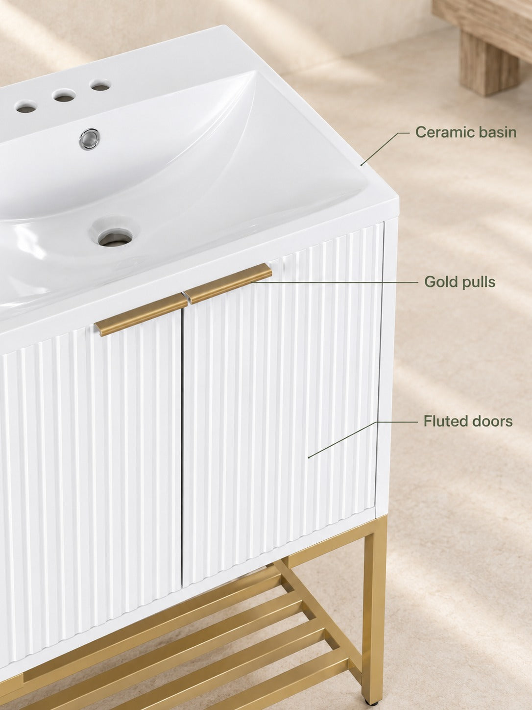 24 Inch Bathroom Vanity with Sink, Fluted White Storage
