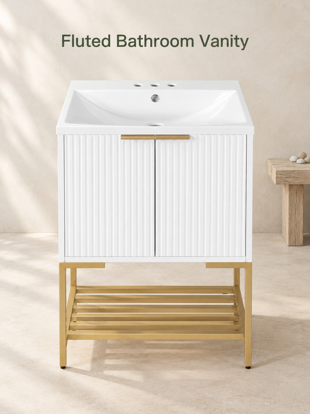 24 Inch Bathroom Vanity with Sink, Fluted White Storage