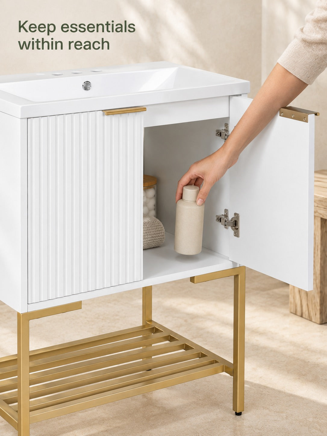 24 Inch Bathroom Vanity with Sink, Fluted White Storage