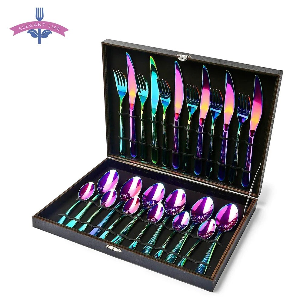 24-Piece Rainbow Stainless Steel Flatware Set Gift Box