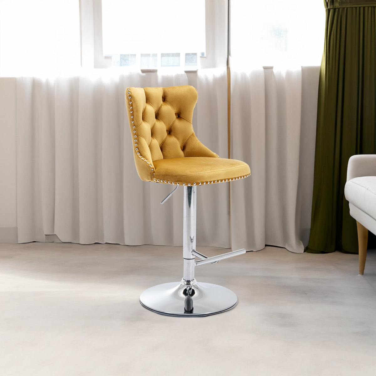 Tufted Gold Velvet Bar Stools, Adjustable Chrome Base