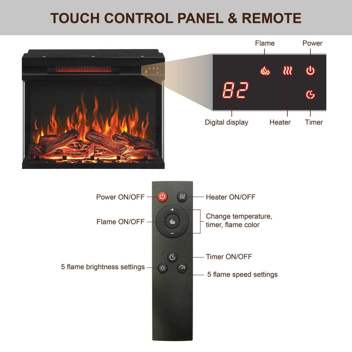 25 Inch Side Table Electric Fireplace with 3-Sided Glass