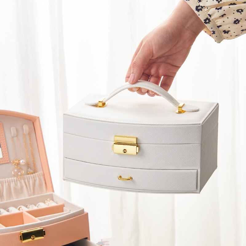 Leather Travel Jewelry Box with Mirror and Organizer