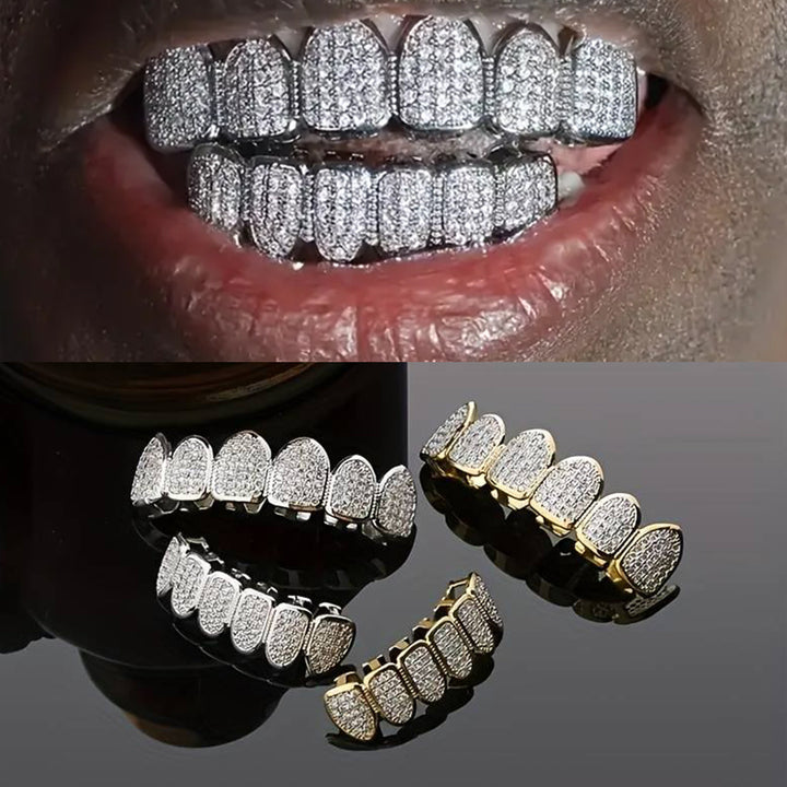 Iced-Out Hip Hop Grillz — Full CZ Pavé Set in Gold & Silver