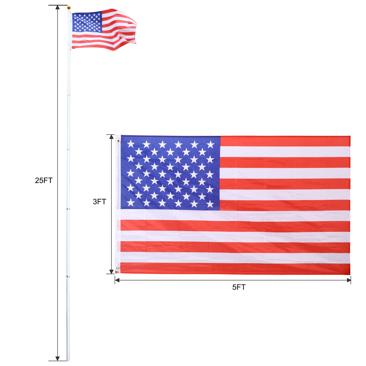 25FT Segmented Aluminum Flagpole Kit with Gold Ball Top