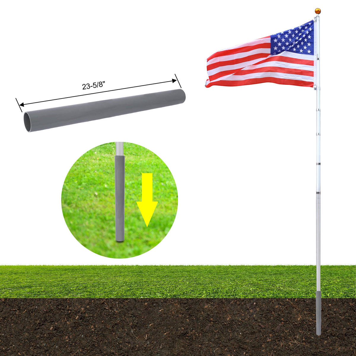 25FT Segmented Aluminum Flagpole Kit with Gold Ball Top