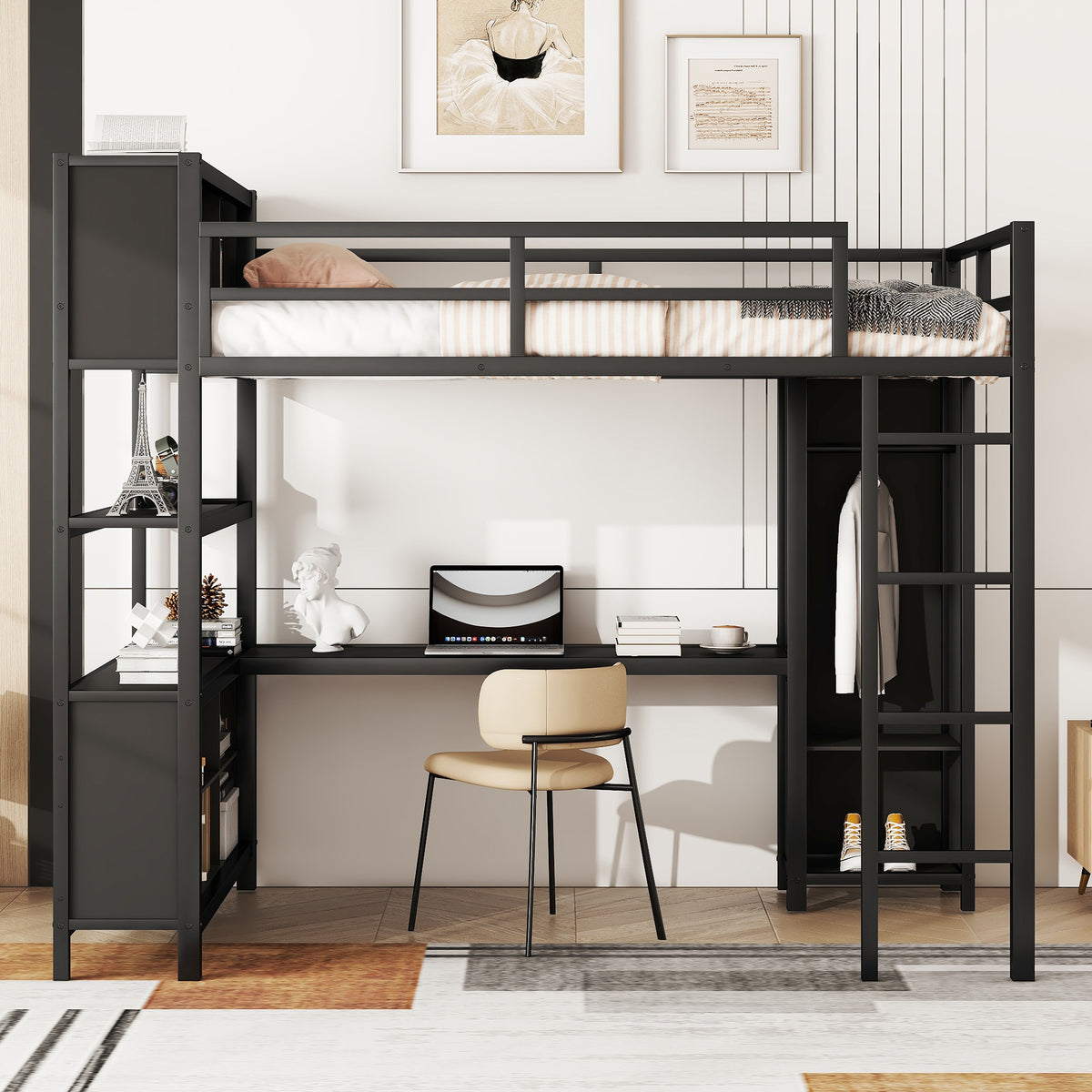 Full-Size Metal Loft Bed with Desk, Wardrobe & Storage
