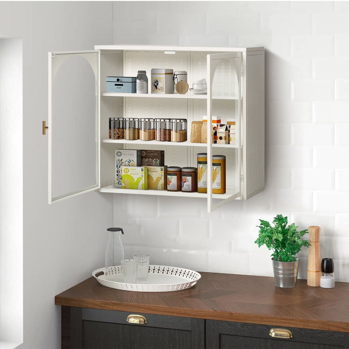 Bathroom Wall Cabinet with Glass Doors, Three Tiers