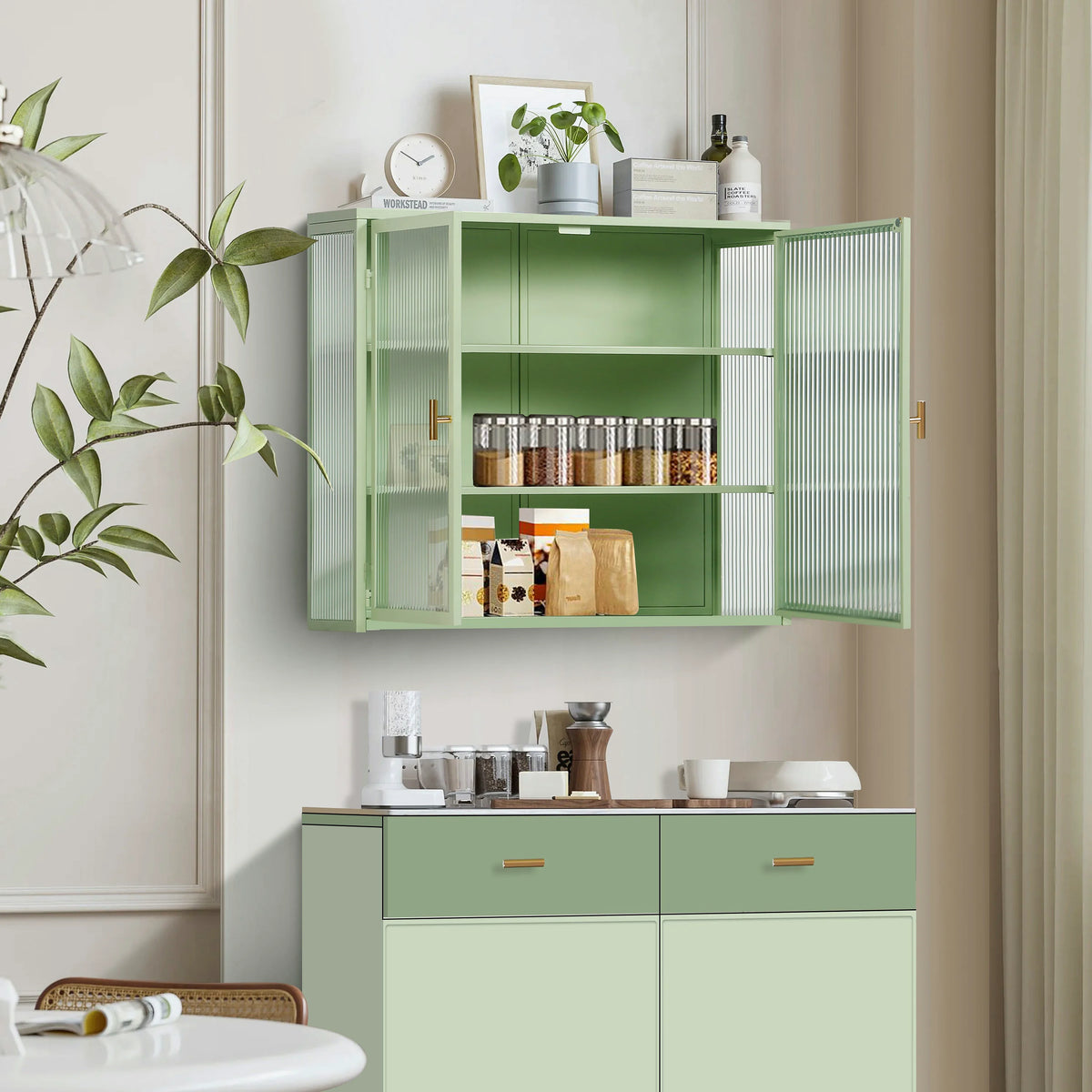 Mint Green Glass Door Wall Cabinet With 3 Shelves