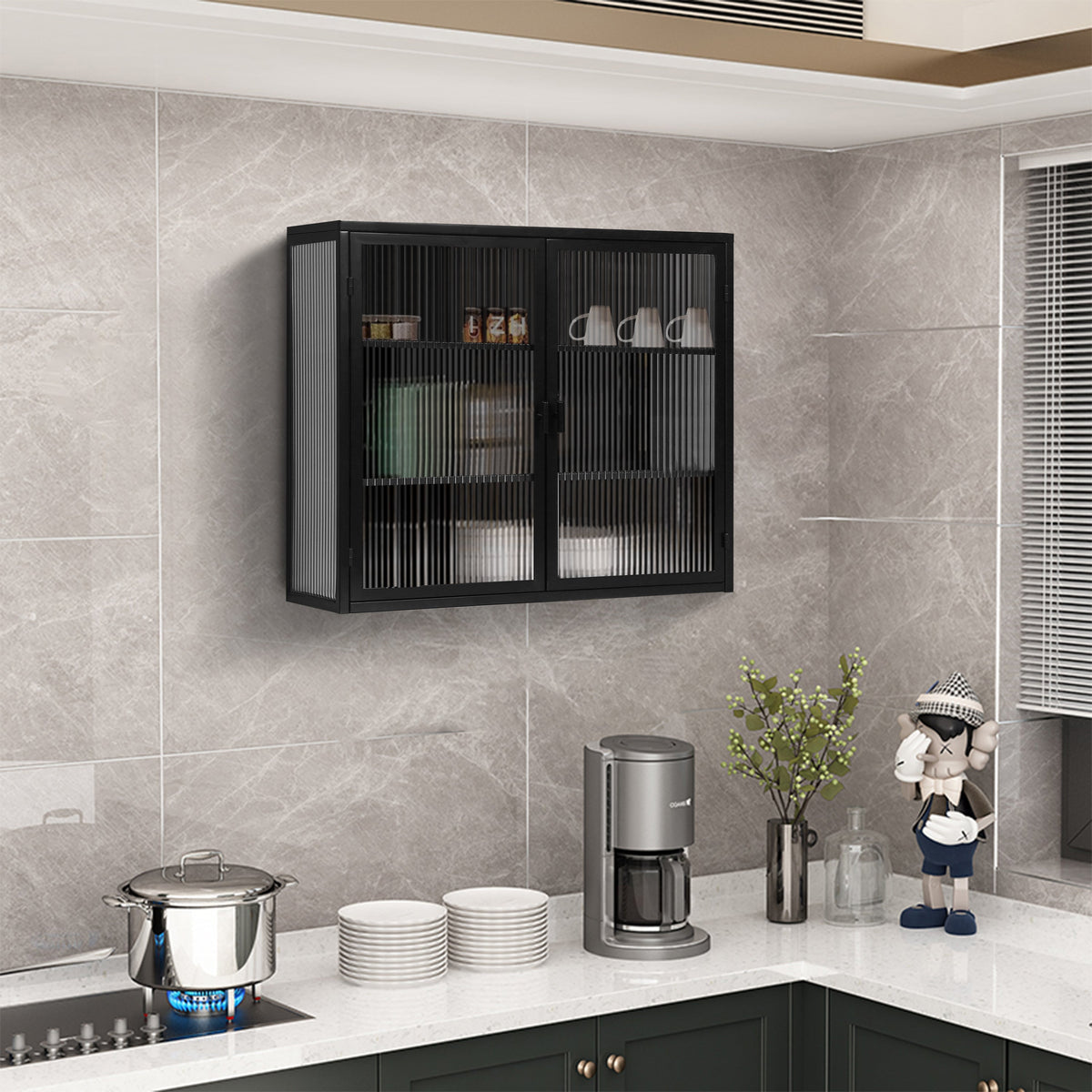 Wall-Mounted Glass Cabinet, Black Fluted Storage