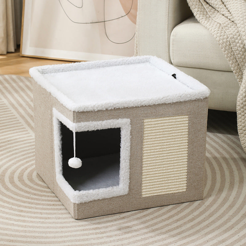 3-in-1 Cat Bed Stool with Scratcher, Hideaway & Toy