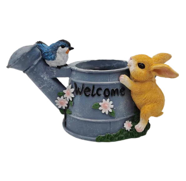 Watering Can Flower Planter with Bunny and Bluebird Decor