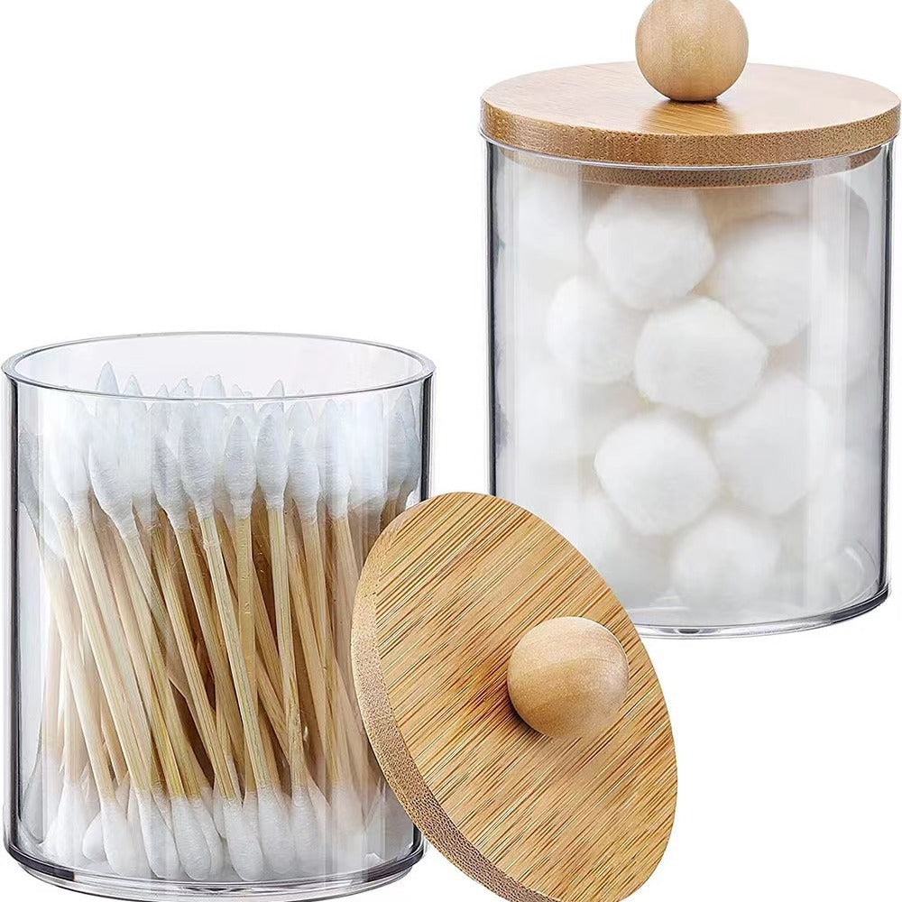 Bamboo Lid Cotton Swab Holder | Clear Bathroom Storage Jar