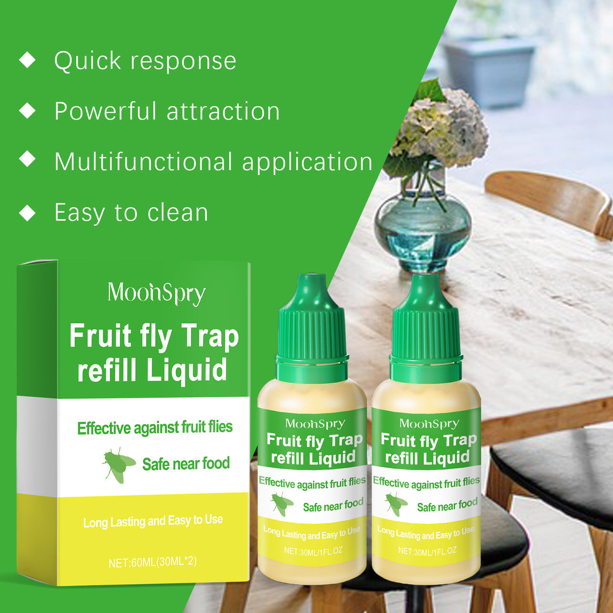 Fruit Fly Trap Refill Liquid, 2 x 30ml for Kitchens