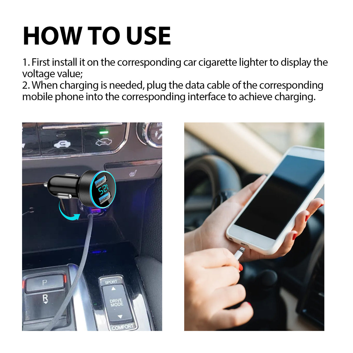 2-in-1 Car Charger with Dual USB Digital Display Accessory