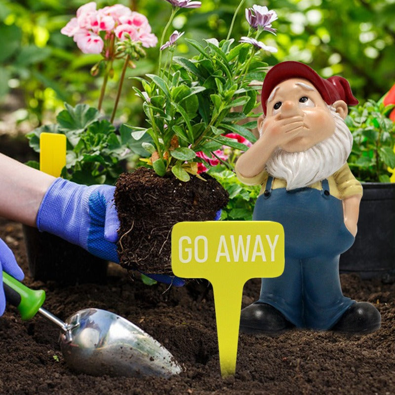 Funny Mouth-Covered Garden Gnome Statue with Go Away Sign
