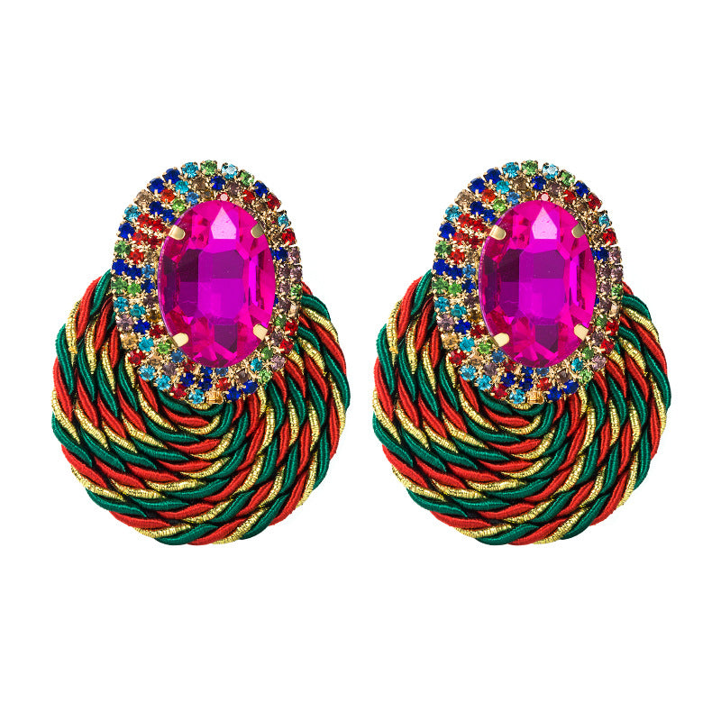 Statement Oval Crystal Earrings | Braided Jewel-Tone