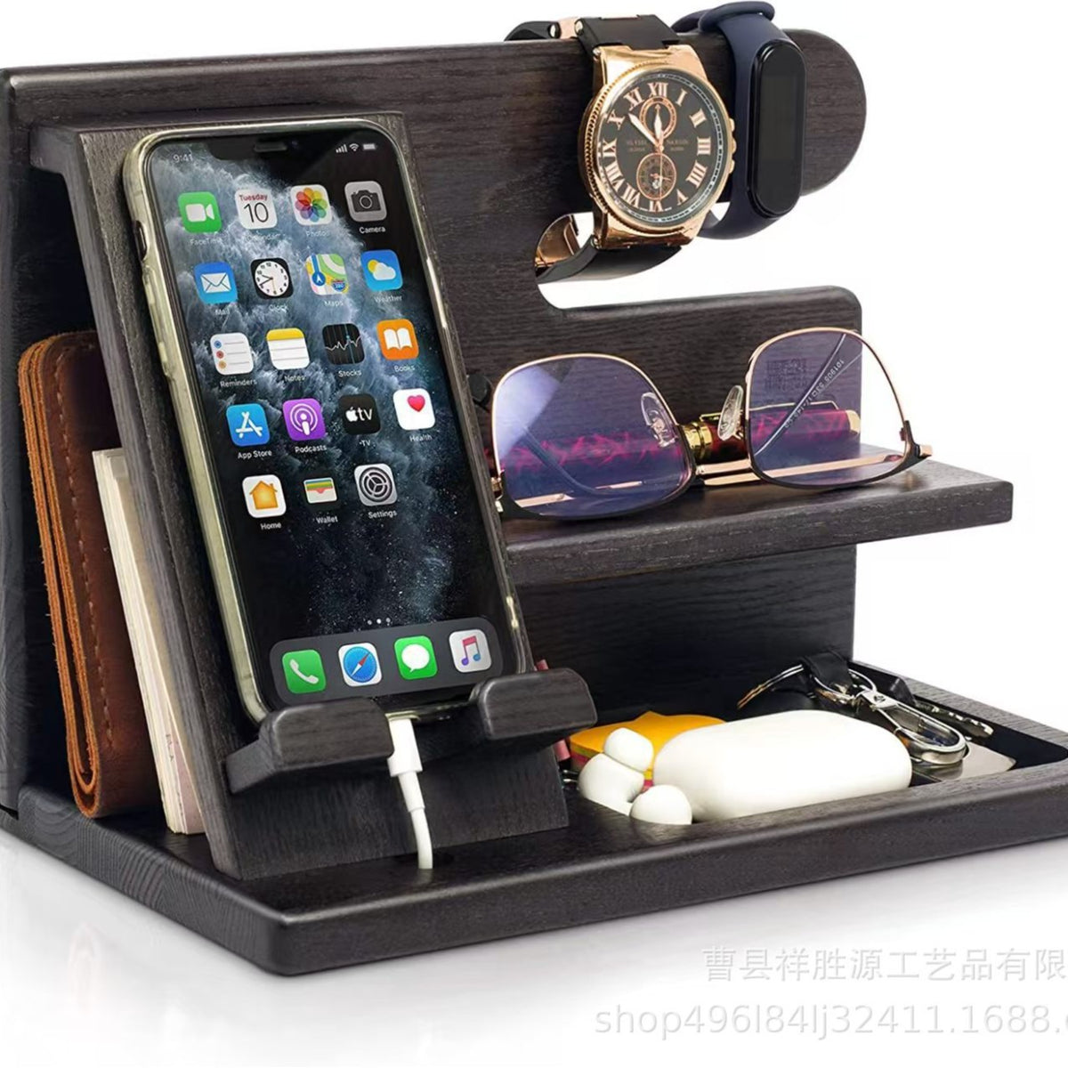 Solid Wood Phone Stand Desk Organizer with Charging