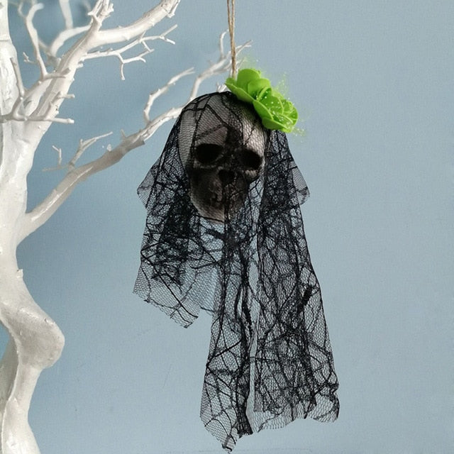 Hanging Skull Halloween Prop with Black Veil Decor