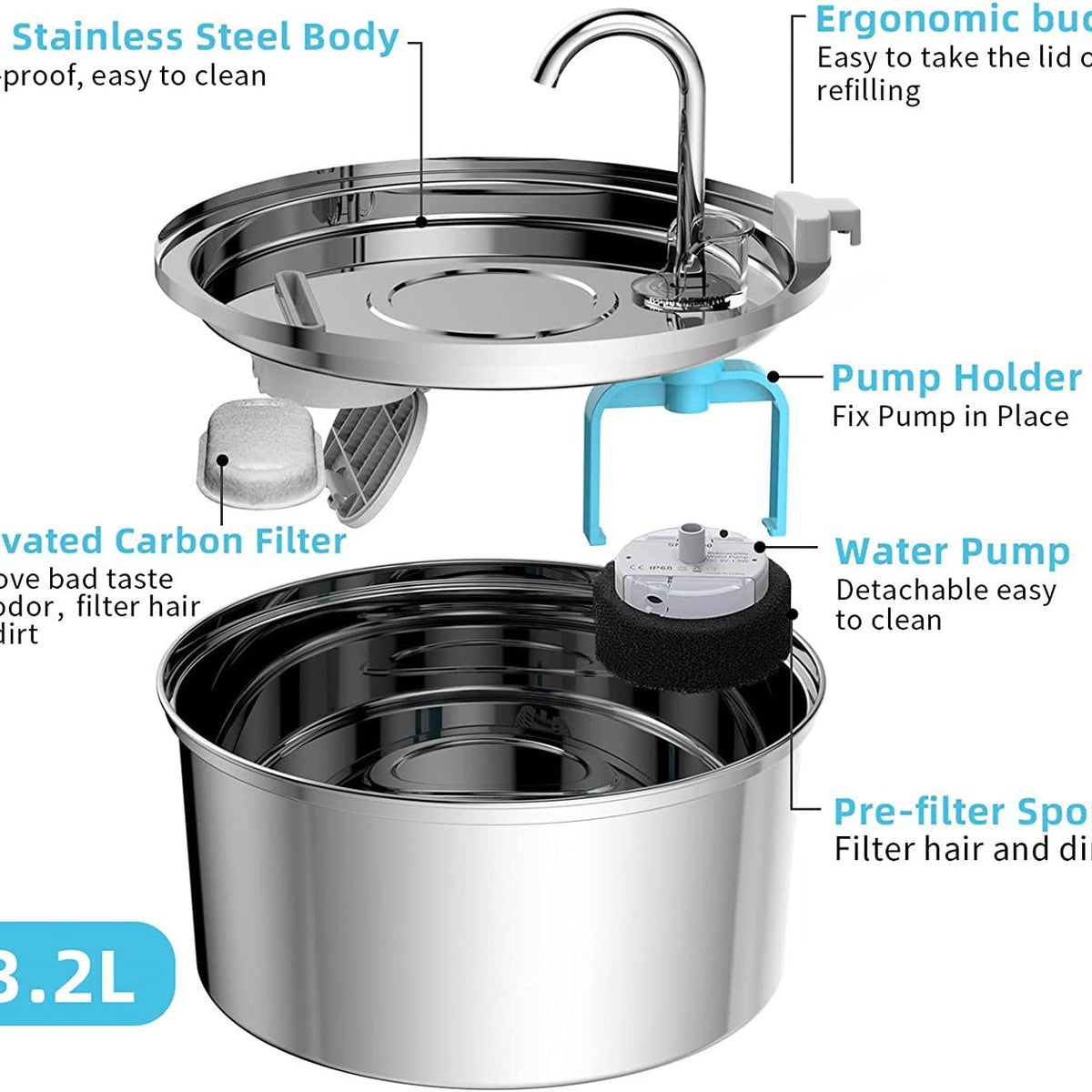 Stainless Steel Pet Water Fountain, Filtered Hydration