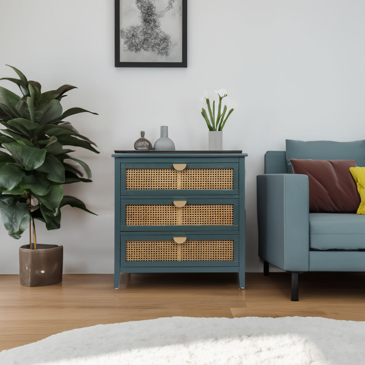 3 Drawer Rattan Storage Cabinet for Bedroom & Living Room