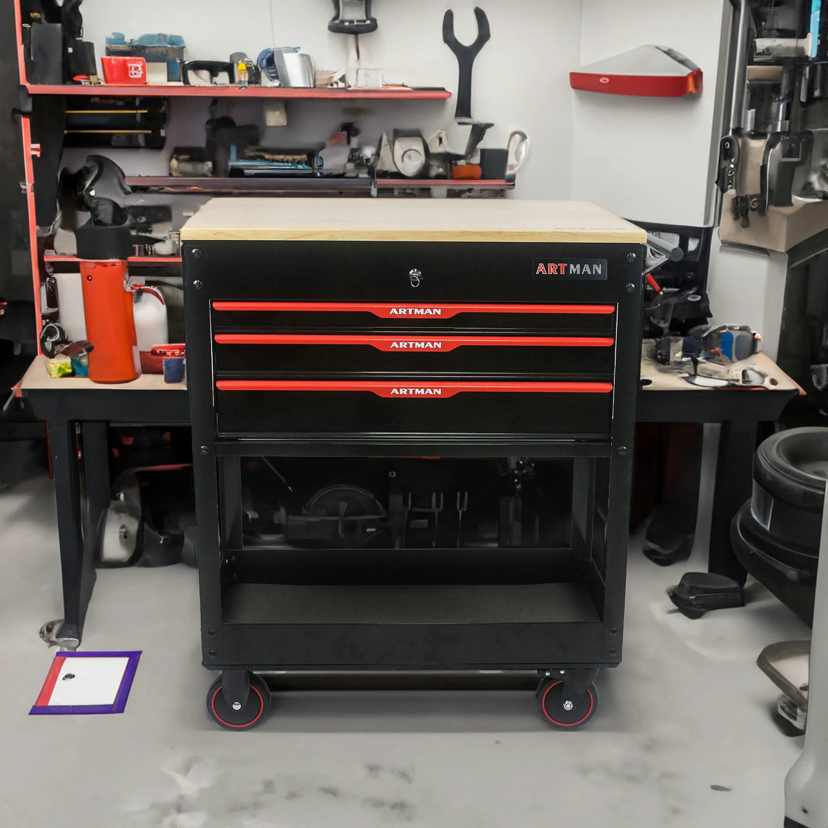 3-Drawer Rolling Tool Cart with Wooden Top and Wheels