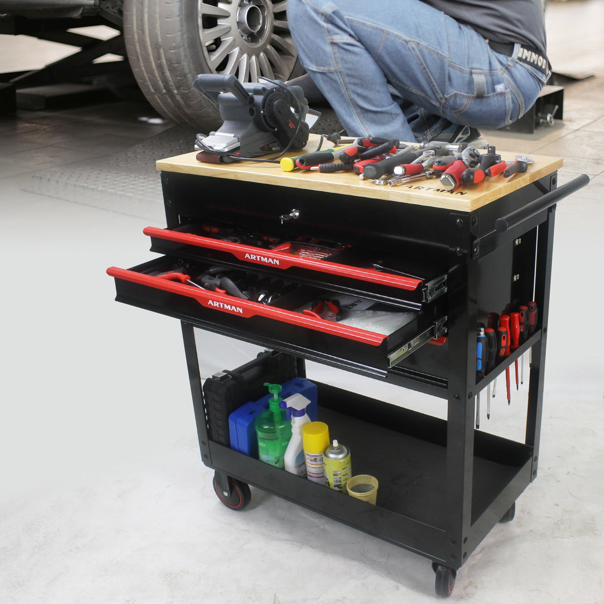 3-Drawer Rolling Tool Cart with Wooden Top and Wheels