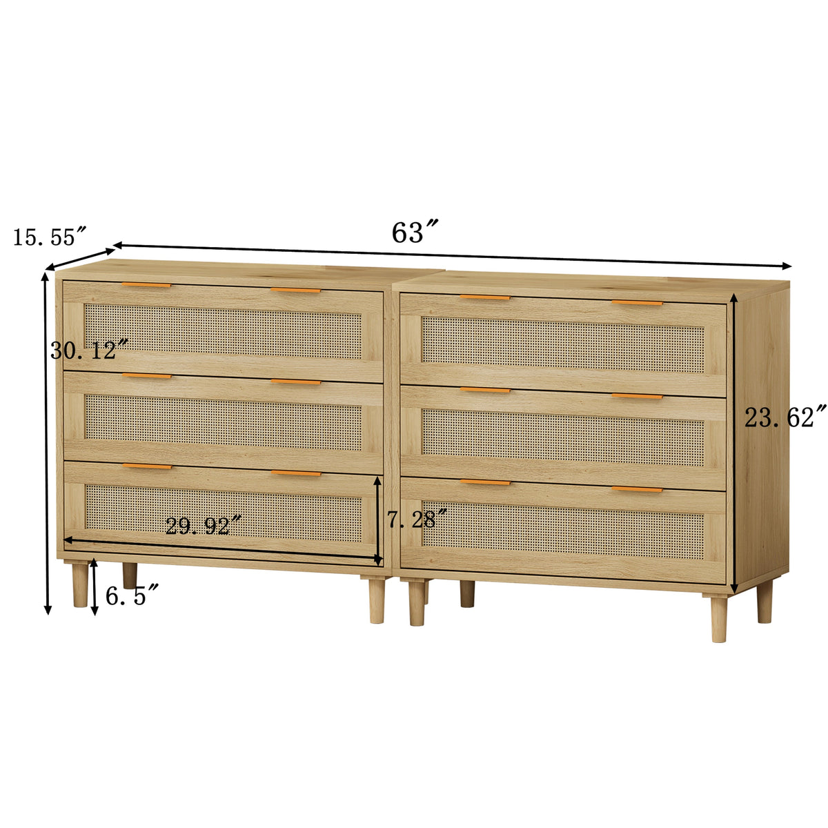 Rattan Storage Cabinet Set of 2 with 6 Drawers