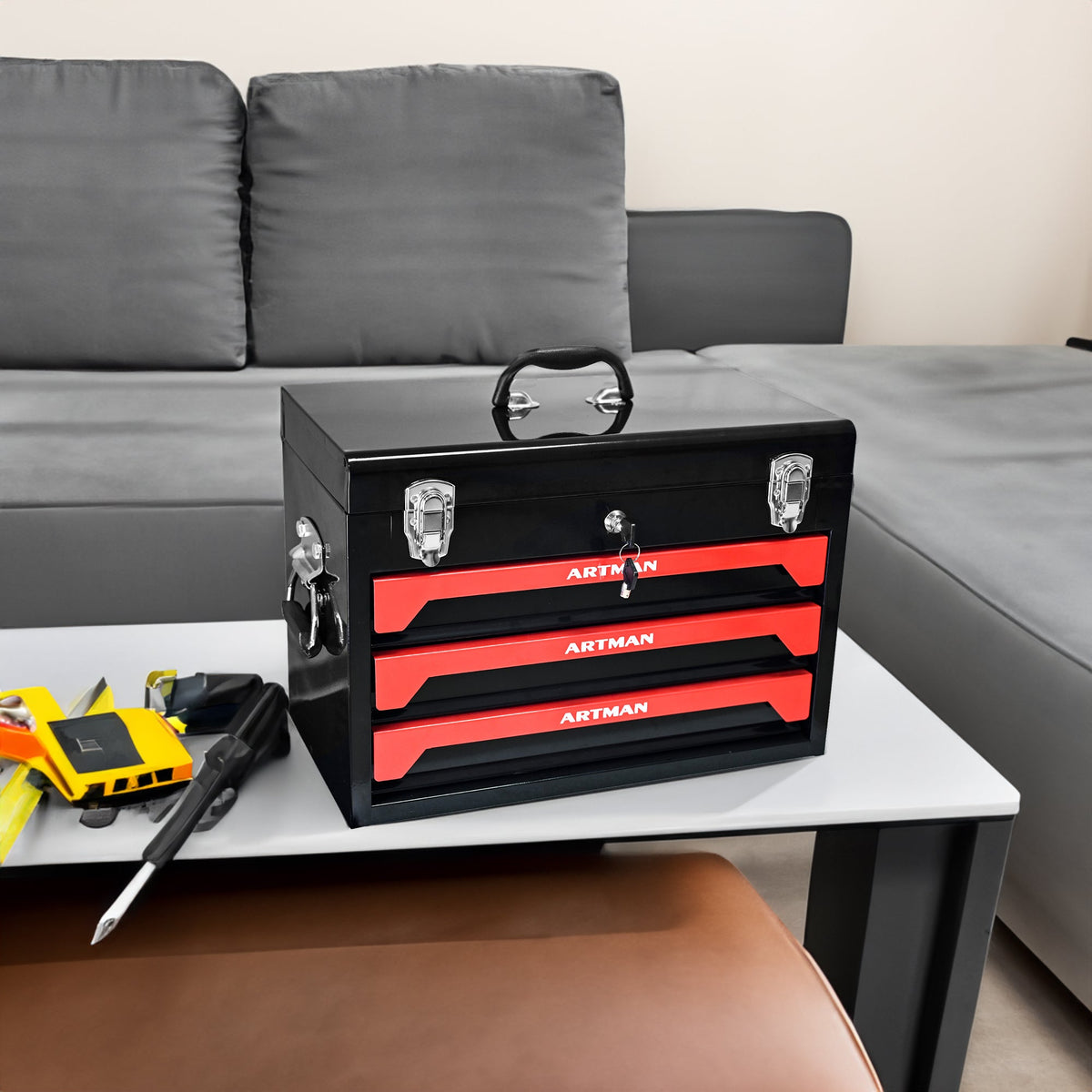 Lockable 3-Drawer Steel Tool Box with Keyed Lock & Latches