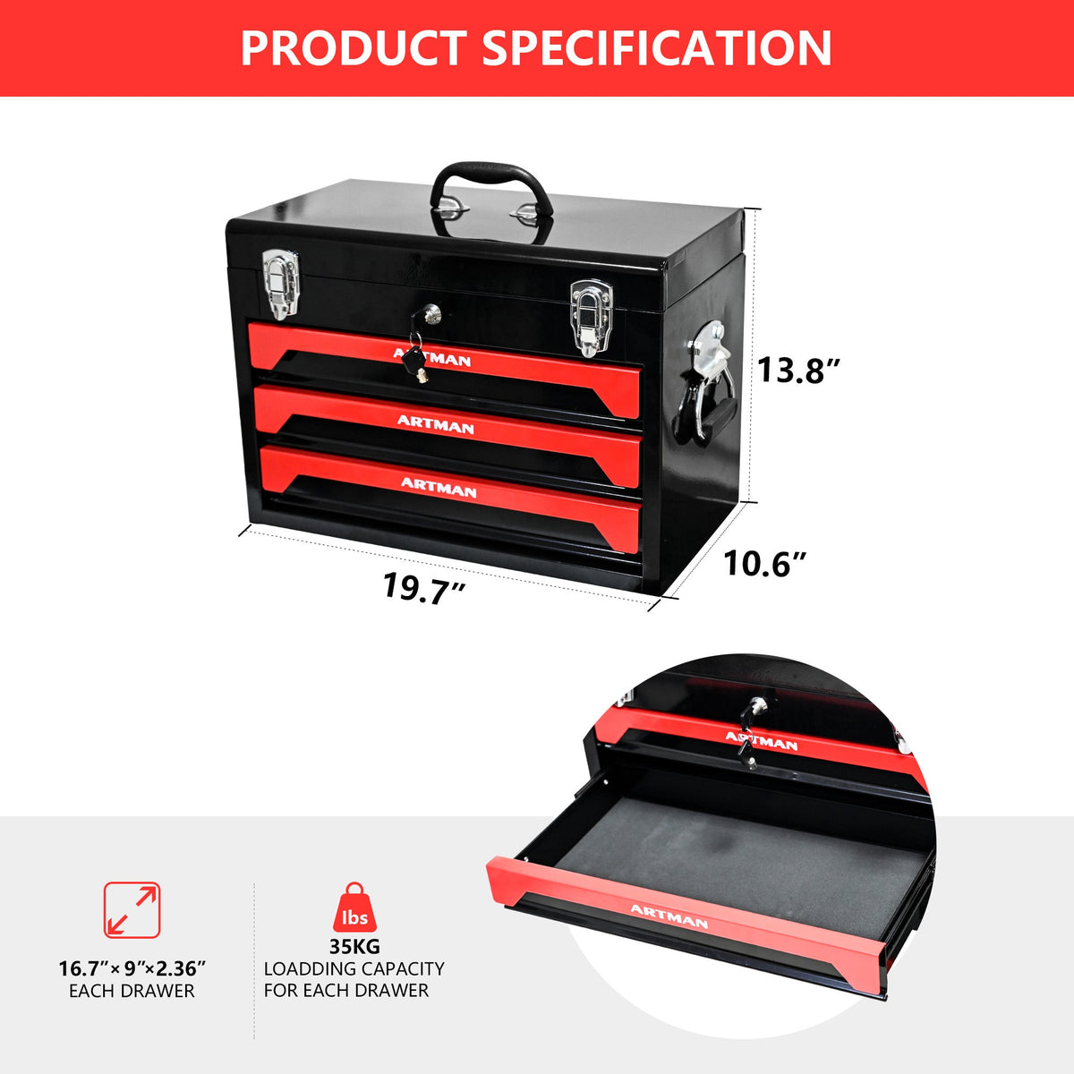 Lockable 3-Drawer Steel Tool Box with Keyed Lock & Latches