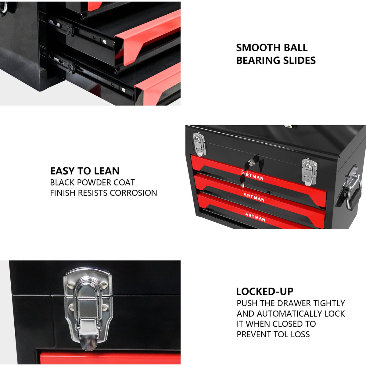 Lockable 3-Drawer Steel Tool Box with Keyed Lock & Latches