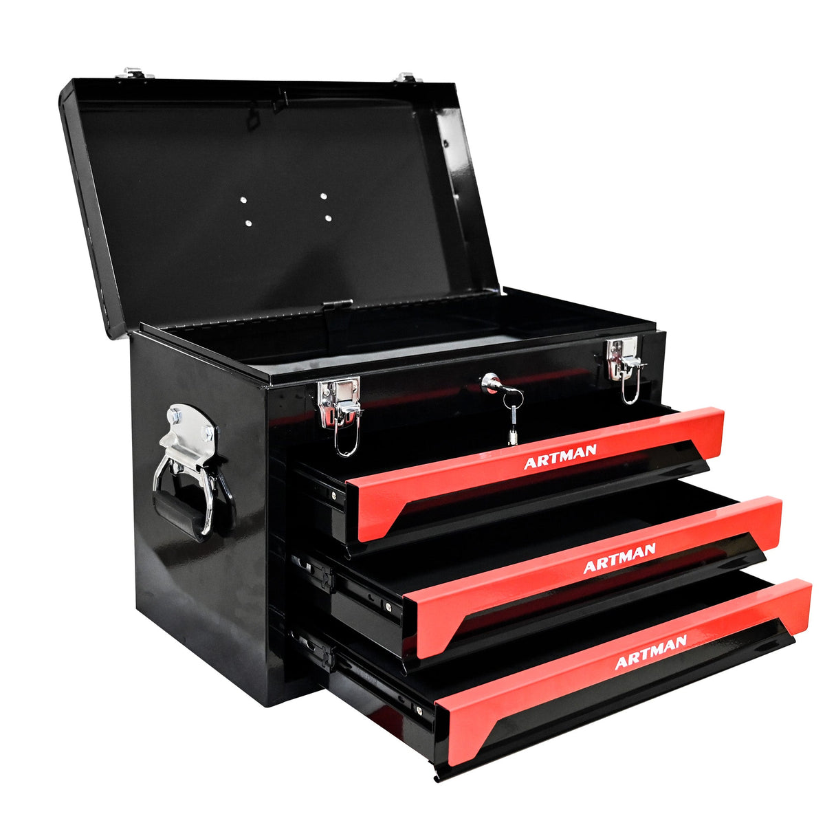 Lockable 3-Drawer Steel Tool Box with Keyed Lock & Latches