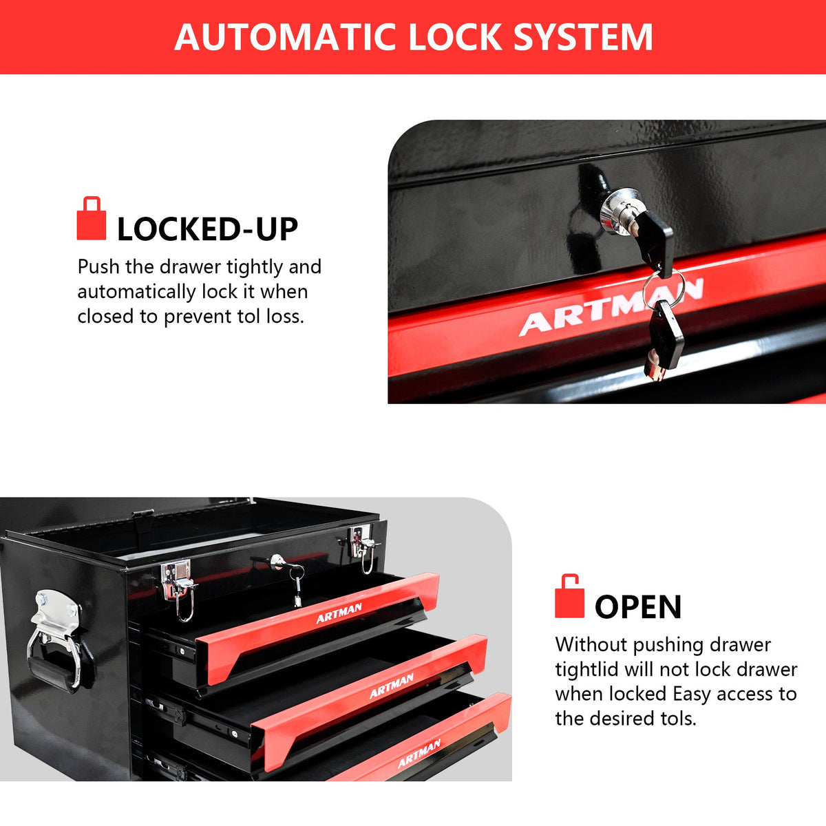 Lockable 3-Drawer Steel Tool Box with Keyed Lock & Latches