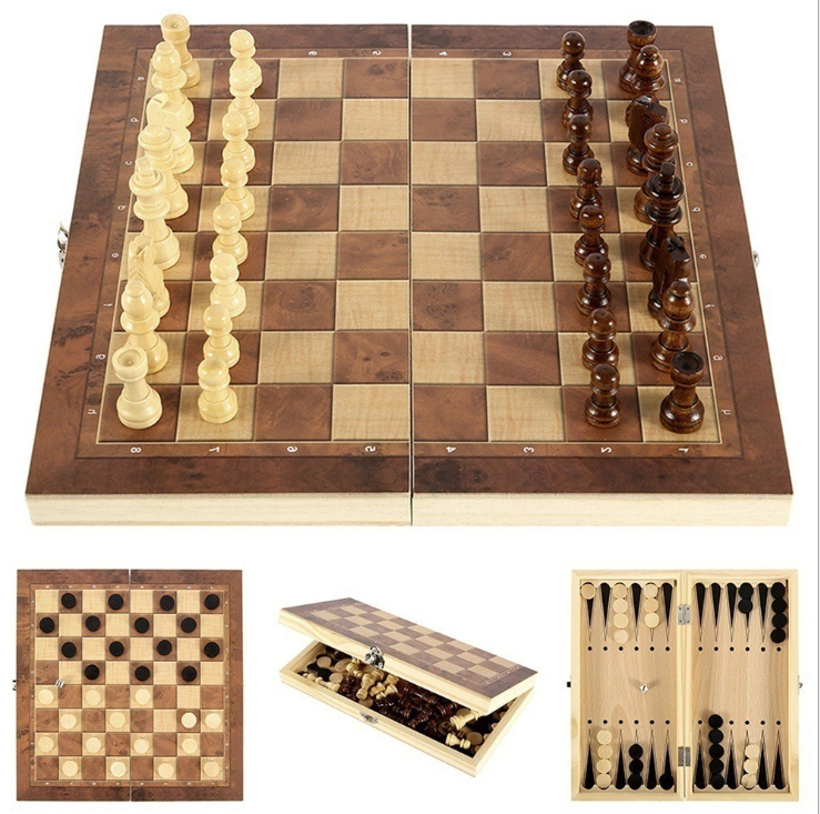 3-in-1 Portable Wooden Board Game Set for Family Travel