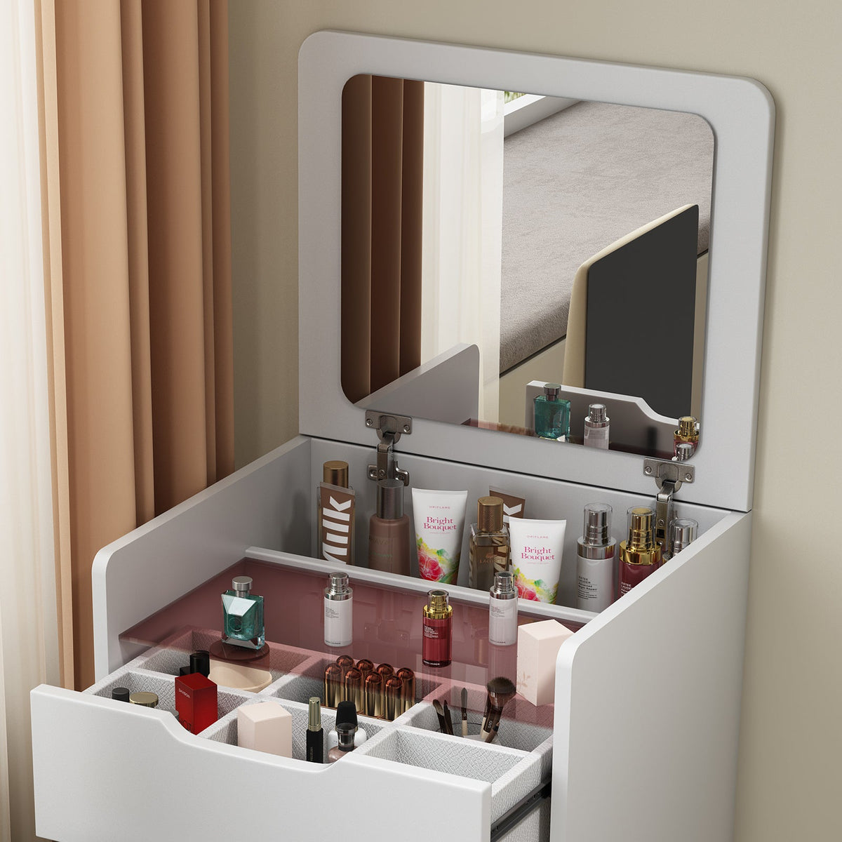 Small Vanity Desk with Lighted Flip Mirror & Drawers
