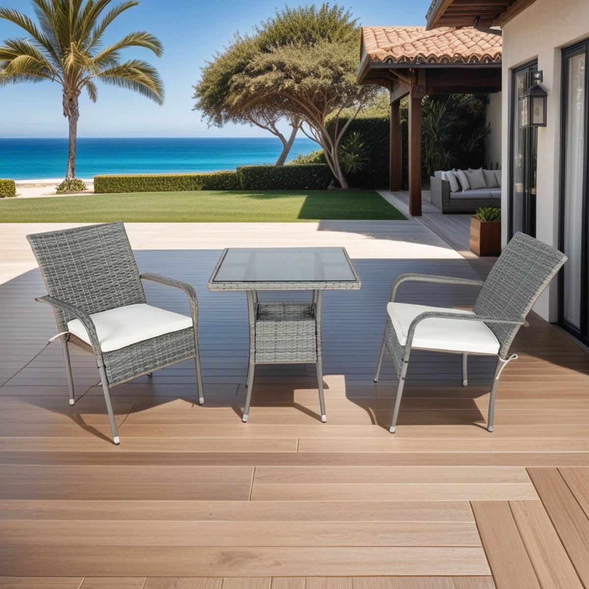 Grey Wicker Patio Conversation Set with Cream Cushions
