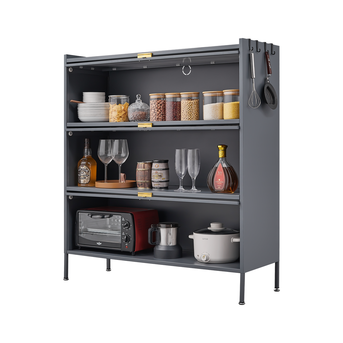 3-Tier Pantry Storage Cabinet with Fluted Glass Doors