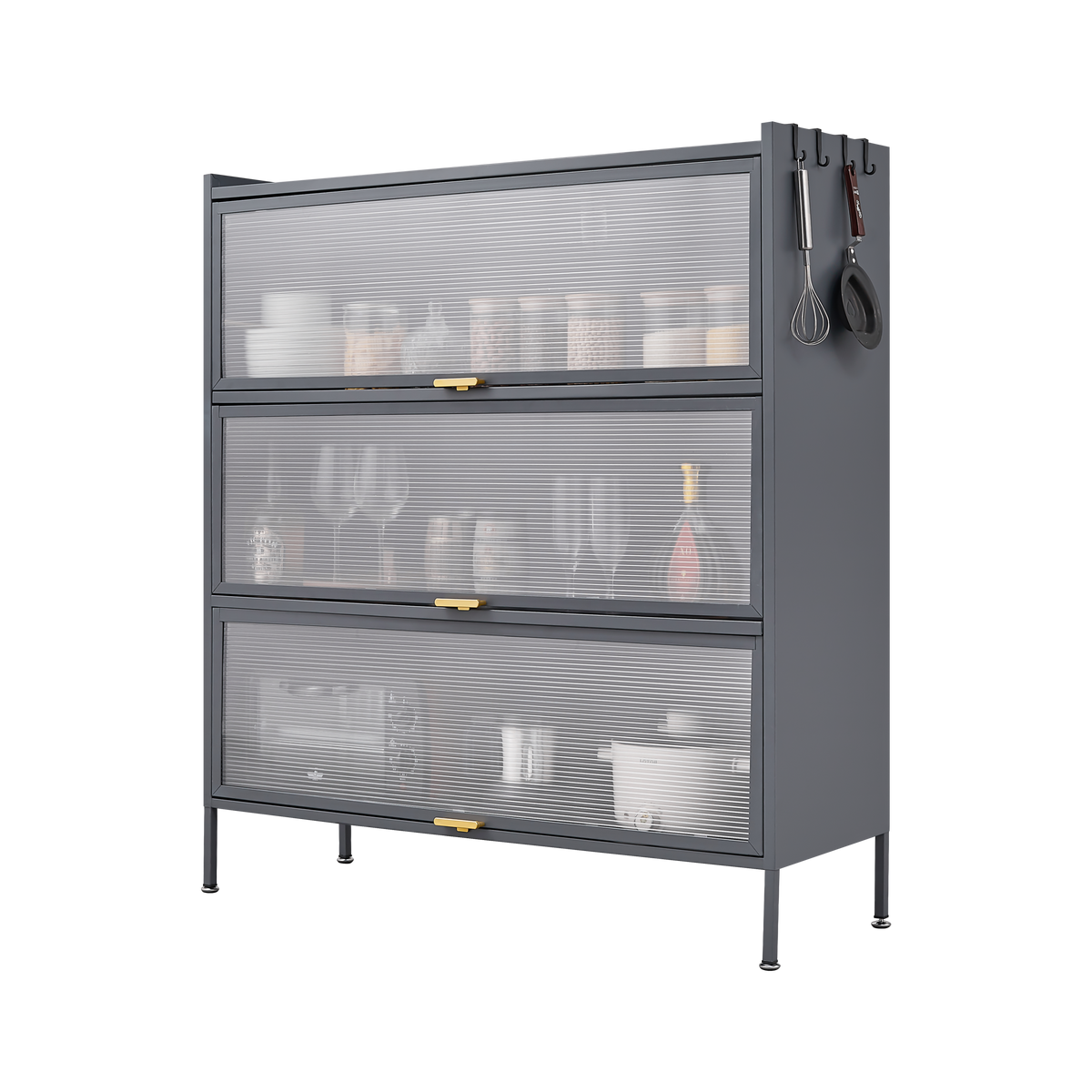 3-Tier Pantry Storage Cabinet with Fluted Glass Doors