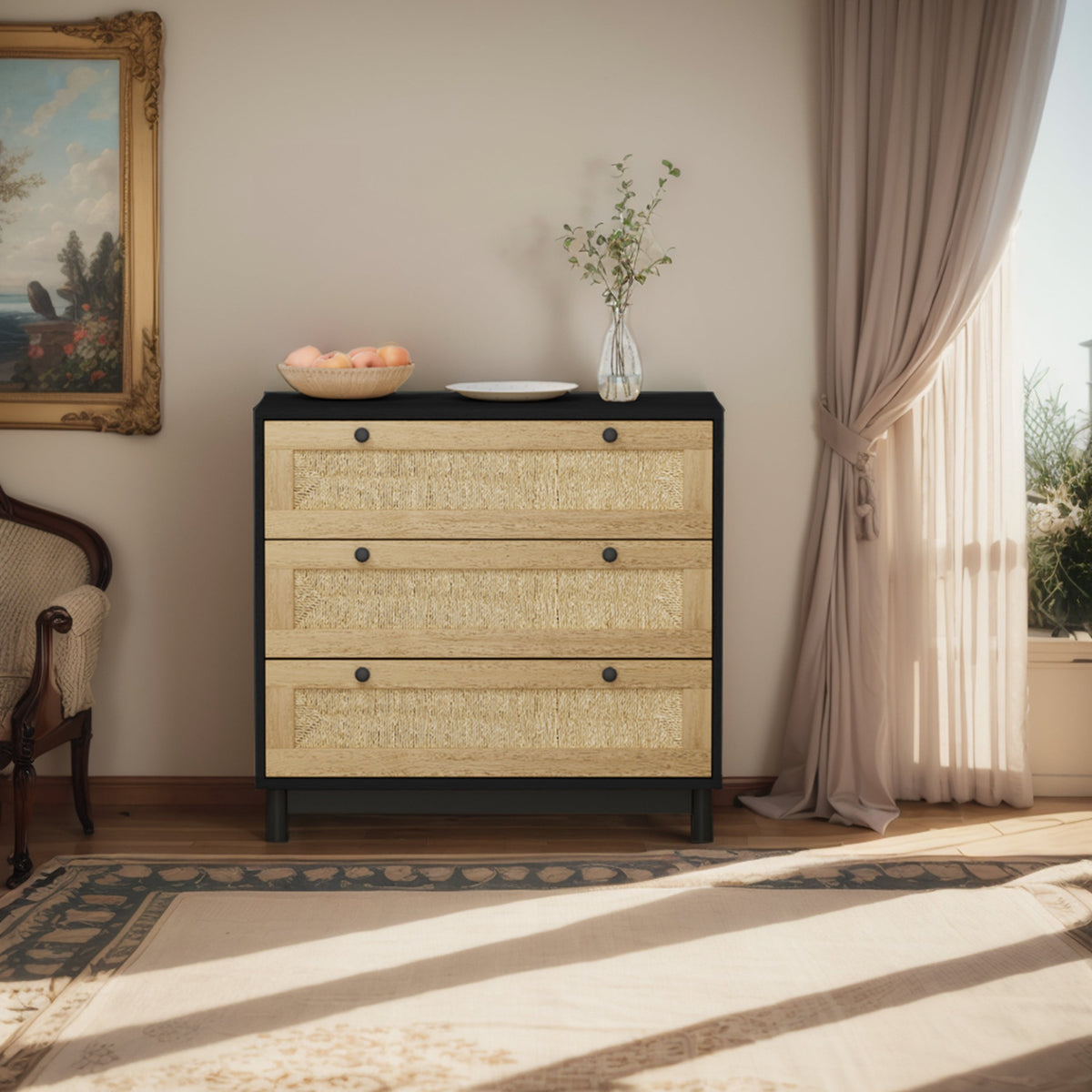 Rattan-Look 3-Drawer Storage Cabinet for Boho Rooms