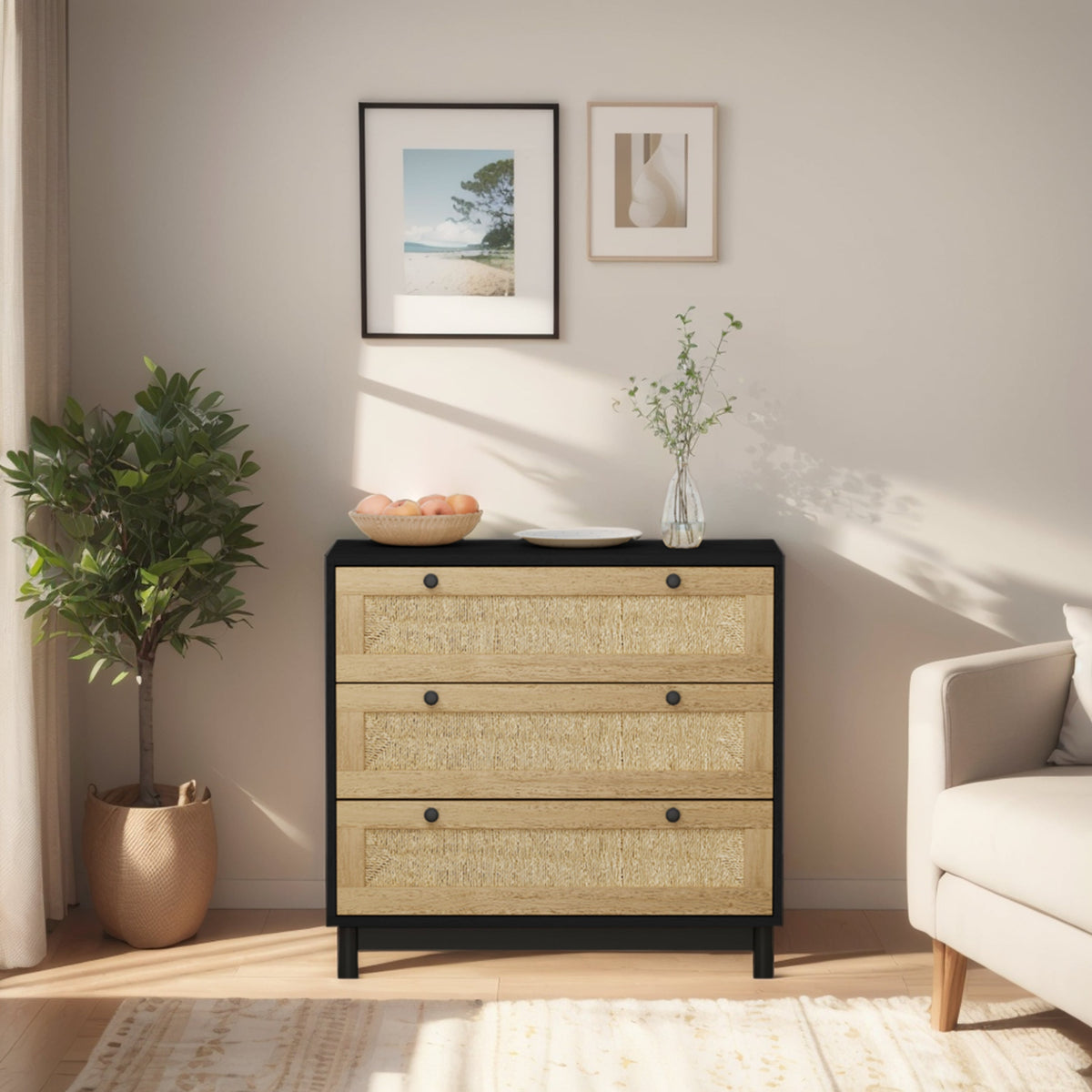 Rattan-Look 3-Drawer Storage Cabinet for Boho Rooms