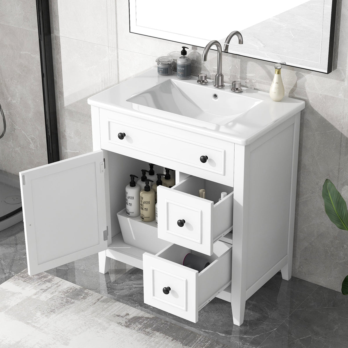 30 Inch White Bathroom Vanity with Sink Top and Storage
