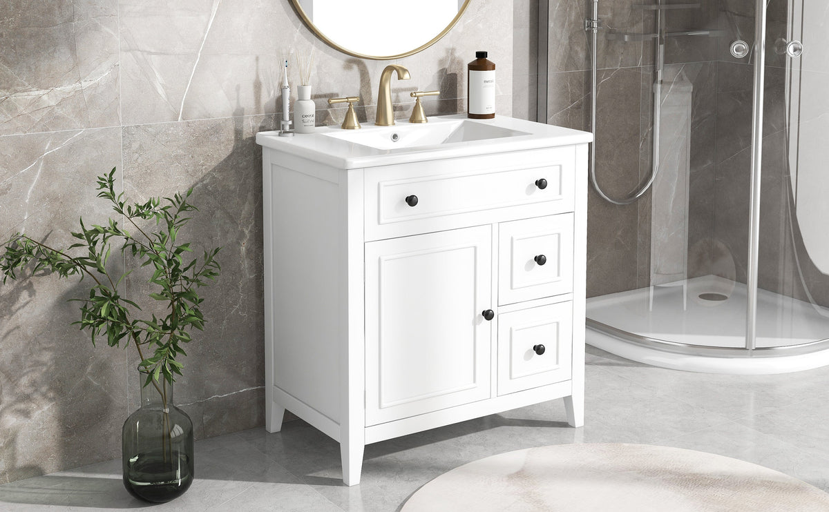 30 Inch White Bathroom Vanity with Sink Top and Storage