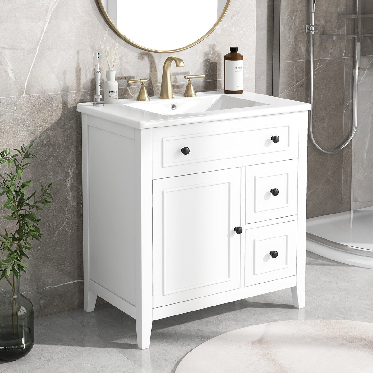 30 Inch White Bathroom Vanity with Sink Top and Storage