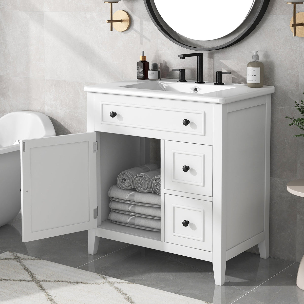 30 Inch White Bathroom Vanity with Sink Top and Storage