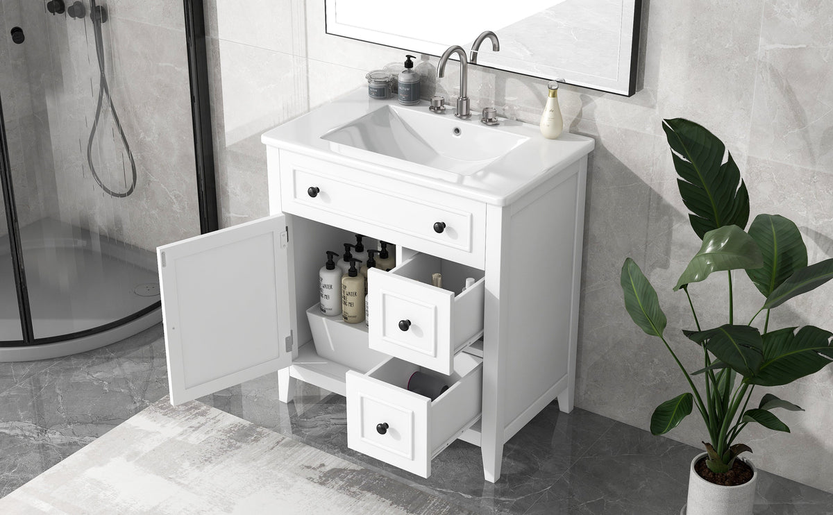 30 Inch White Bathroom Vanity with Sink Top and Storage