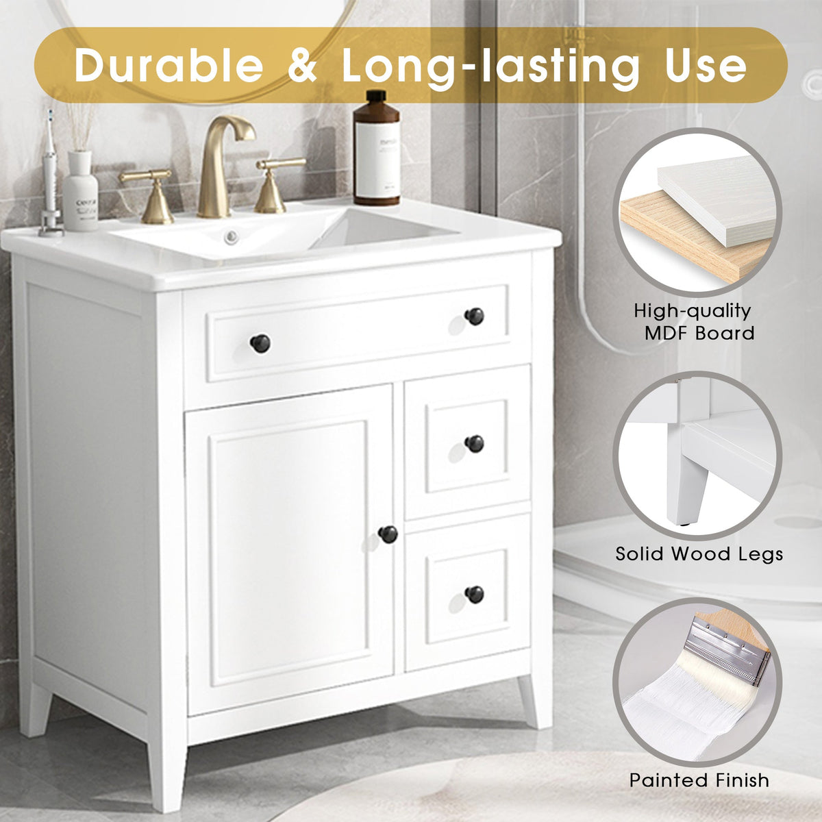 30 Inch White Bathroom Vanity with Sink Top and Storage