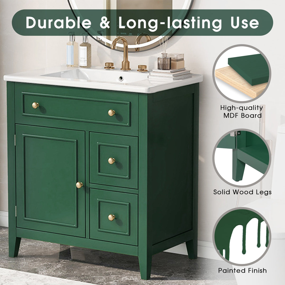 30 Inch Green Bathroom Vanity with Sink Top and Storage
